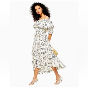 Topshop Bardot Spot Print off-The-Shoulder Dress Size 8